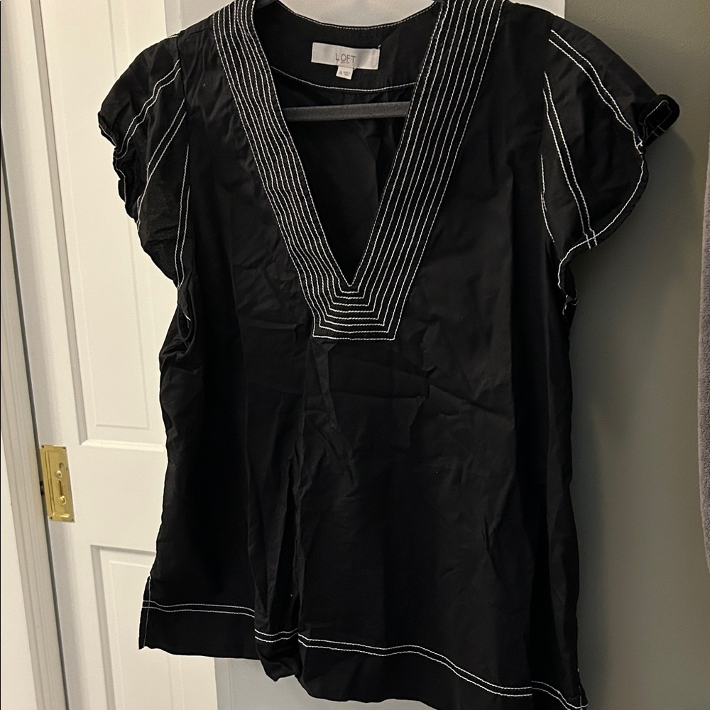LOFT Black V-Neck Blouse with White Stitching